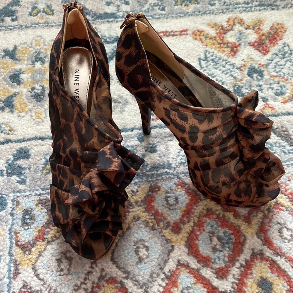 Nine West Brown and Black Leopard Ruffle Peep-Toe Ankle Boots